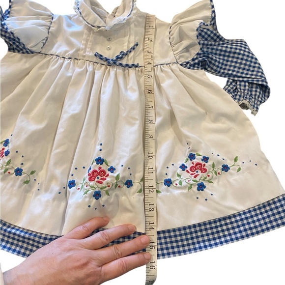 Vintage 70s red white blue & green Floral Embroidered Gingham Baby Dress - Picture 9 of 10